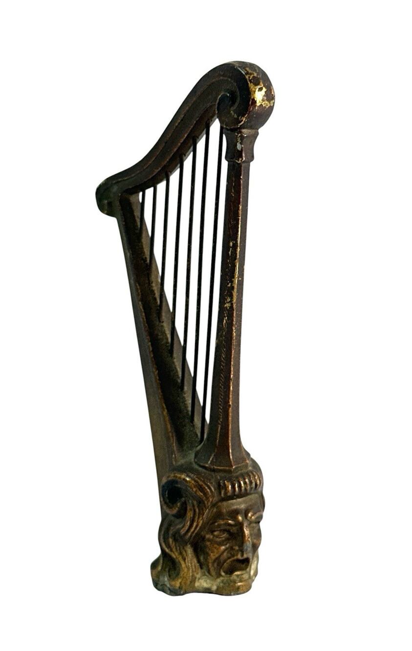Vintage Metal Harp Figurine with Figural Face 5” Miniature Musical Decor